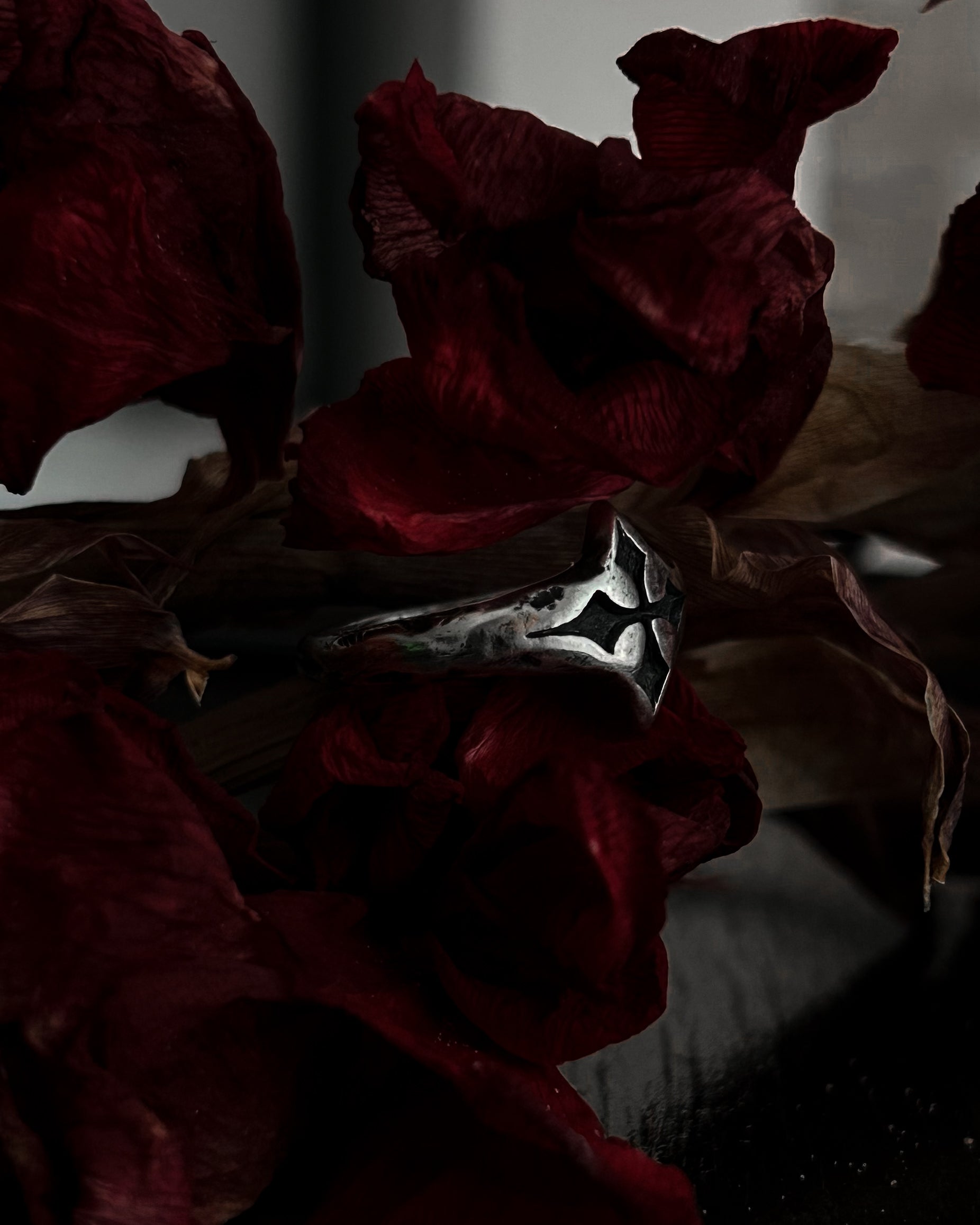 A silver-toned gothic ring with a stylized cross, resting on dark red dried flowers.